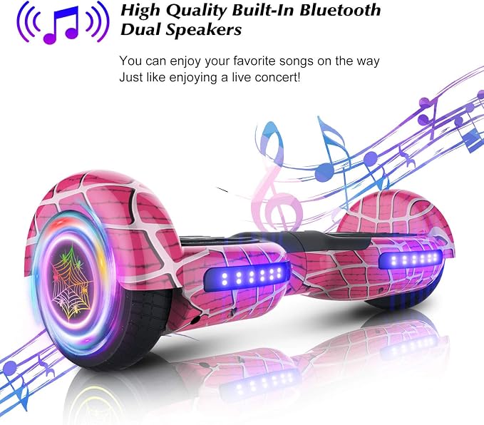 Spider-Pattern Hover Board for Kids Ages 6-12, with Bluetooth Speaker and LED Lights 6.5" Hover Board, UL2272 Safety Certified (Pink)