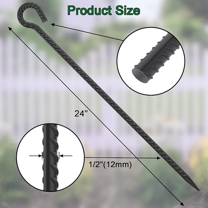 Rebar Stakes 24 Inch Long Tent Stakes 1/2" Dia Tree Support Stakes 6 Pack | Heavy Duty Rope Stakes with Loop Steel Ground Anchors for High Wind Areas, Rocky Soil, Camping Canopy Trampoline, Black