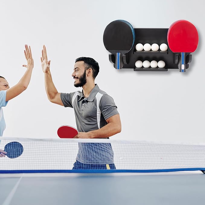 Ping Pong Paddle Storage Rack, Ping Pong Accessories Organizer Wall-Mount for 6 Paddles, 6 Pickleball Paddles and Balls, Pine Wood Table Tennis Racket Display for Game Room Bar Office Home
