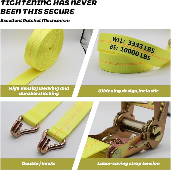 2 Inch x 30 Ft Ratchet Straps Heavy Duty 4 Pack, 10,000 lbs Breaking Strength, Tie Down Straps Ratchet with Double J Hooks, Cargo Ratchet Straps for Trailer, Truck, ATV, Cargo, Yellow