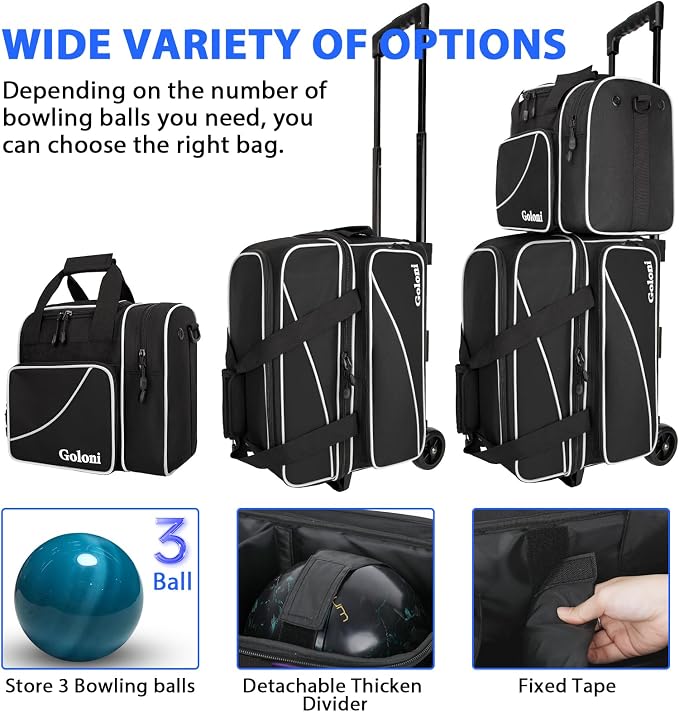 Goloni 3 Ball Bowling Bag with Wheels, 2+1 Double Roller Bowling Bag with Shoe Compartment,Tote Bag for Bowling Accessories
