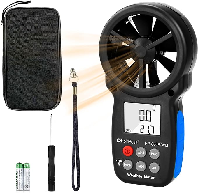 HoldPeak Handheld Anemometer Barometer, Weather Meter for Wind Speed, Temperature, Humidity, Dew Point, Altitude, Barometric Pressure, Wind Chill Measuring, Digital Wind Guage 866B-WM
