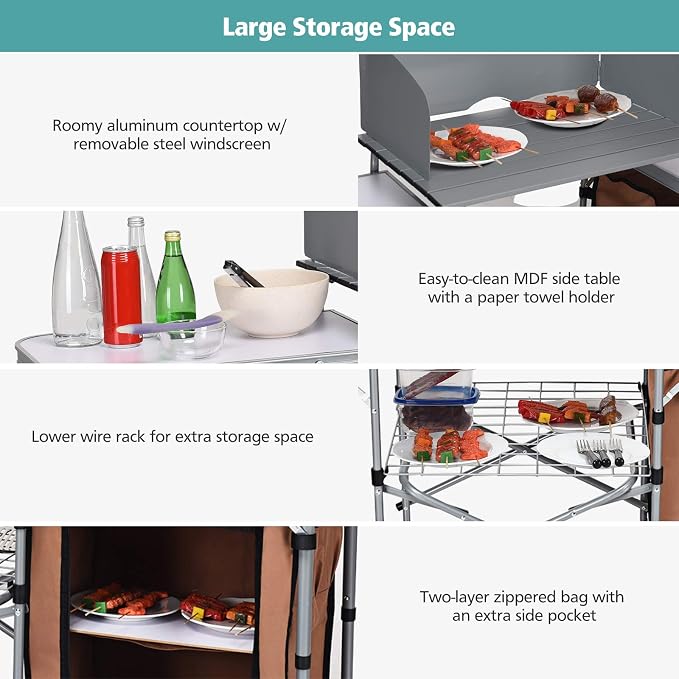 Tangkula Folding Camping Kitchen Table, Aluminum Portable Camping Grill Table with Windscreen, Cook Station, Outdoor Quick Set-up Camp Cook Table with Storage Organizer Shelves, Carry Bag