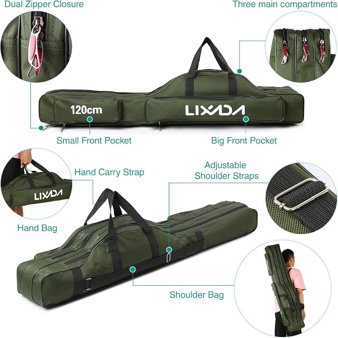 Lixada Fishing Rod Case - 3 Layers Oxford Bag, Portable Folding Carrier for Rods and Reels, Tackle Storage Travel Bag, 90cm/120cm/150cm Optional