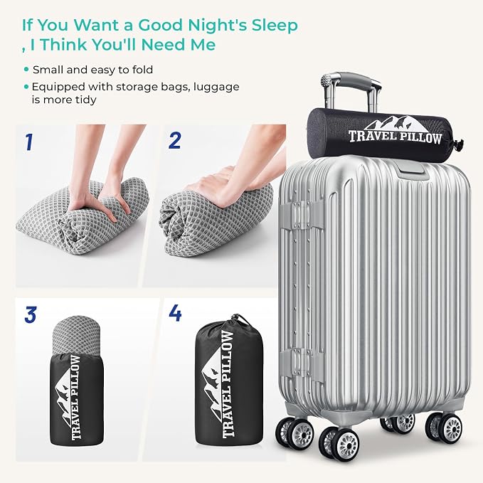 Travel Pillow Memory Foam Pillows, Light Grey S Size, Blue S Size, Ideal Backpacking Hiking, Bed Pillows, Airplane and Car