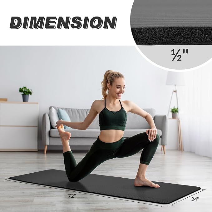Signature Fitness Extra Thick High-Density Foam Yoga Mat – Multiple Thicknesses (1/2" & 1") / Multiple Colors – Double-Sided Non-Slip Surface – with Carrying Strap for Pilates, Yoga & Home Workouts