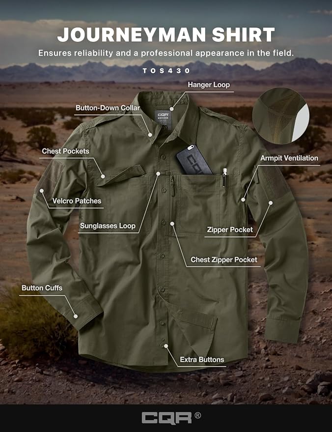 CQR Men's Long Sleeve Tactical Shirts, Ripstop Military Work Shirts, UPF 50+ Breathable Button Down Outdoor Hiking Shirt