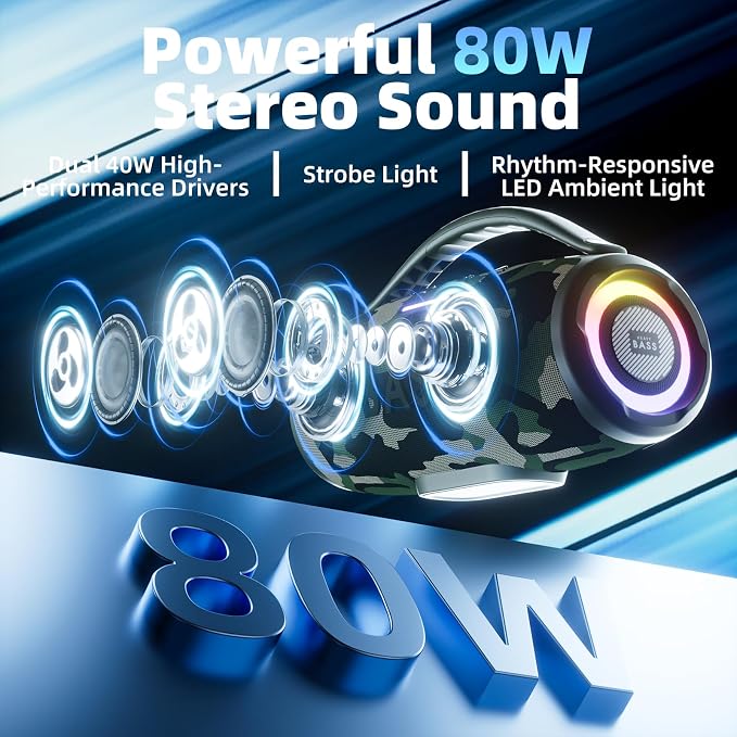 HEAVY BASS Speakers Bluetooth Wireless, 80W Max Loud Portable Speaker with Deep Bass, 20H Playtime, IPX6 Waterproof, Dual Pairing, Perfect for Home,Party,Travel,Outdoors