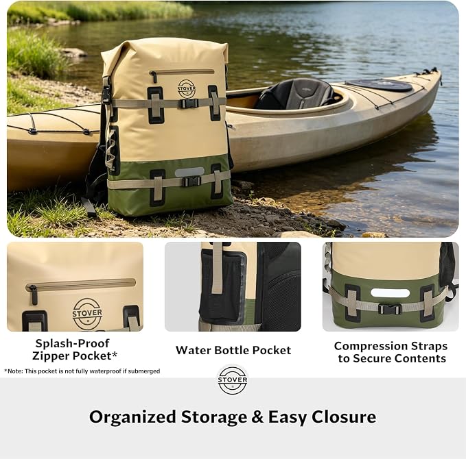 STOVER 55L Waterproof Dry Backpack & Phone Case - 2XL Floating Dry Bag for Kayaking, Travel, Hiking, Fishing, Camping, Motorcycles & Beach, Heavy-Duty Roll Top Men/Women (Tan/Army Green/Brown)