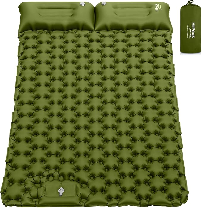 HiiPeak Double Sleeping Pad - Self Inflating 3" Extra-Thick for 2 Person with Pillow Built-in Foot Pump Inflatable Sleeping Mat for Backpacking, Hiking, Traveling, Tent, Portable Camping Mat (Green)