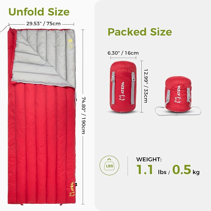 ATEPA Down Sleeping Bag, 650FP Ultralight 55°F 60°F 3 Season Warm Weather 15D Nylon Shell and Compact Packable Sleeping Bag for Adults with Compression Sack for Camping Backpacking Hiking