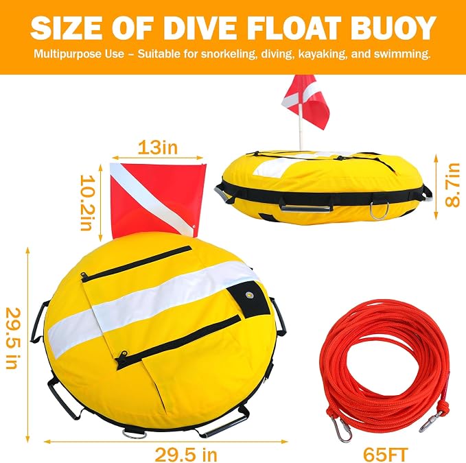 Dive Float Buoy with Flag, Yellow and White, Inflatable Safety Marker with Rope