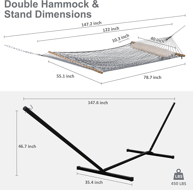 SUNCREAT Rope Hammock with Stand Included, Portable Double Hammock with Soft Pillow, Gray
