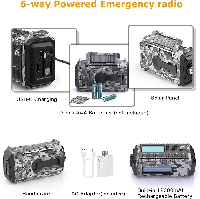Eoxsmile Emergency Radio 12000mAh with NOAA Weather Alert | Solar, Hand Crank, Battery AM/FM/Shortwave with Type-C Charger, Flashlight, SOS for Hurricane, Camping, Outdoor Survival