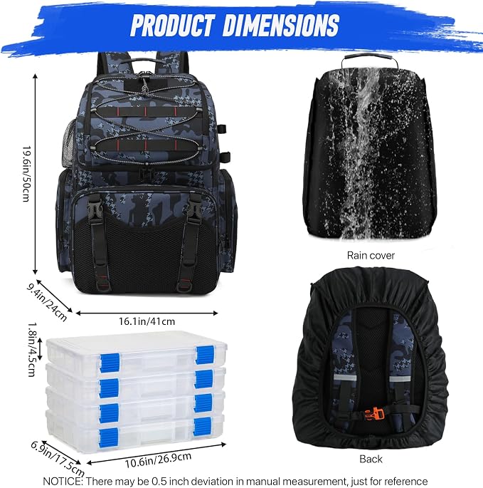 RUCYEN Fishing Backpack, 45L Large Cooler Fishing Tackle bag with Rod Holders & Rain Cover, Water-resistant Store Gear(With 4 Tackle Boxes)