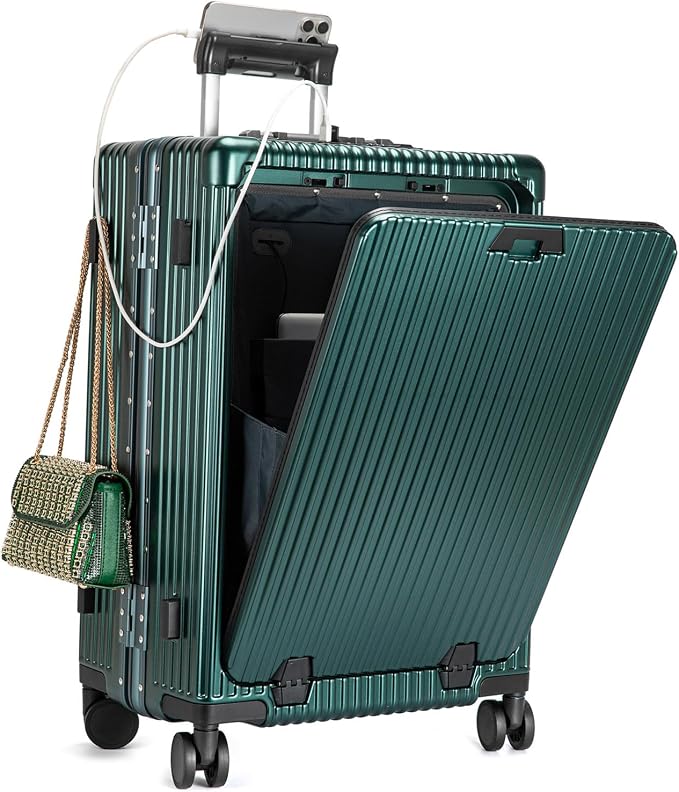 feilario Aluminium Frame PC Hard Shell Spinner Wheels Luggage,20.8"X15"X8.7 Airline Approved Built-In TSA lock Carry on Suitcase, with Cup Holder, USB Port, Phone Holder