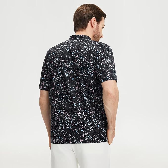 M MAELREG Golf Shirts for Men Collarless Performance Dry Fit Stretch Henley Casual Printed Mens Polo Shirts Short Sleeve
