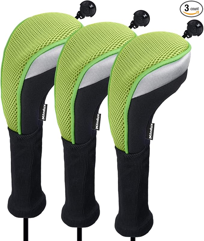 Andux 3pcs Long Neck Golf Hybrid Club Head Covers Dial No. Tag CTMT-02 | Mesh Breathable material | all the Same Size | Coloured Piping | Pull-On Closure