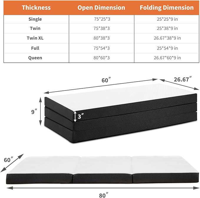 Folding Memory Foam Pads, 3" Tri-Fold Queen Topper with Washable Cover, Non-Slip Portable Guest Floor Bed for Travel Camping