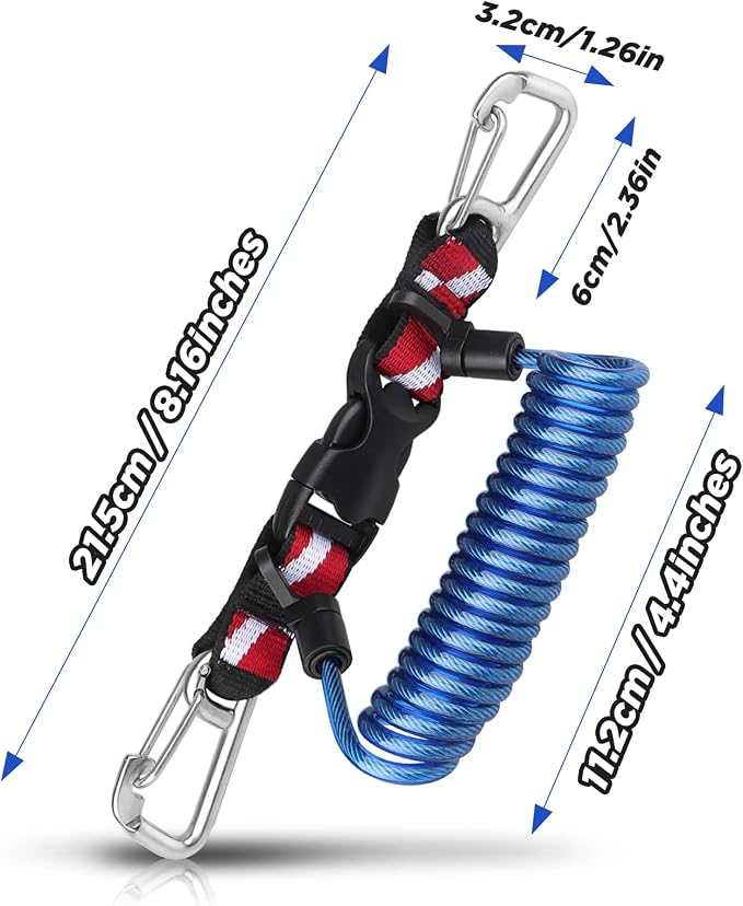 Scuba Retractable Lanyard, Stainless Steel Double-Clips and Spiral Core Anti-Lost Lanyard with Quick-Release Buckle