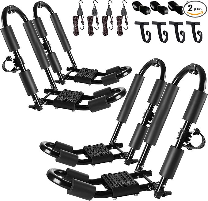 FORWODE Premium Kayak Roof Rack, 2 Pair J-Bar Roof Rack, Folding Adjustable Rack, Heavy Duty Kayak Roof Carrier 2 Kayak, Canoe, SUV, Surfboard on SUV, Car and Truck Crossbar