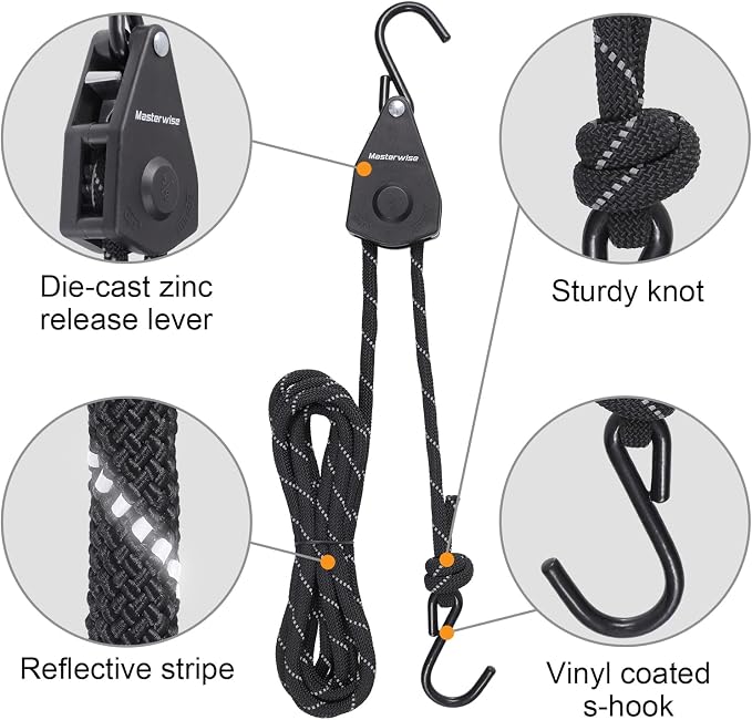 3/8" x12' Kayak Tie Down Straps with Reflective Stripe, Boat Trailer Straps Canoe Bow and Stern Rope Hanger Kayak and Canoe Accessories (Black, 2PCS)