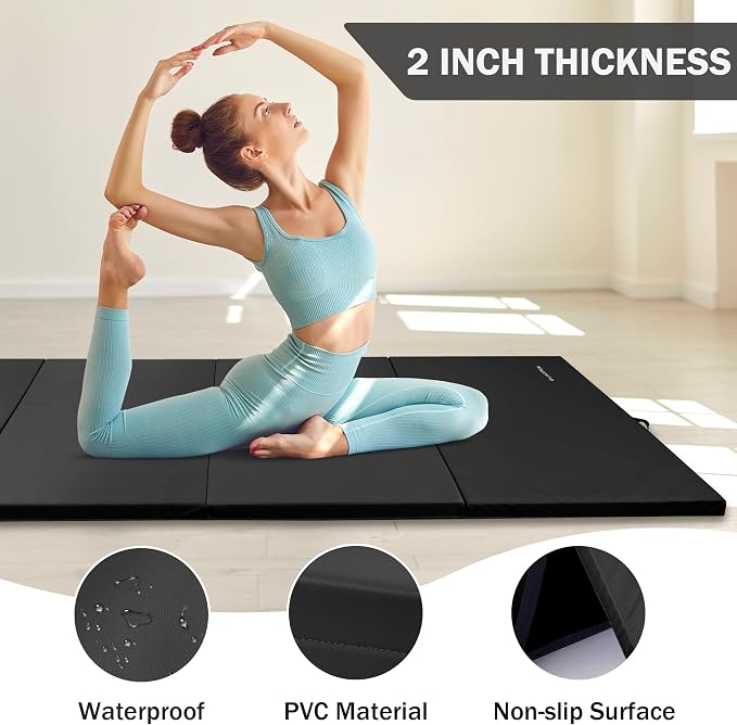 Fitvids Folding Exercise Gymnastics Mat 4'x8'x2" Gym Workout Mat with Carrying Handles High-Density Portable Fitness Aerobics Mats for Home Gym Yoga Pilates Tumbling MMA Core Training, Multiple Colors