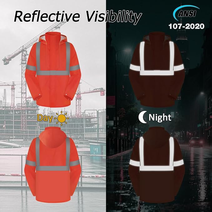 High Visibility Rain Suit, High Vis Rain Suit for Men, Waterproof Rain Jacket with Hood, Class 3 Lightweight Hi Vis Rain Gear for Outdoor & Safety Work, Men Women, Orange T, 4XL-5XL
