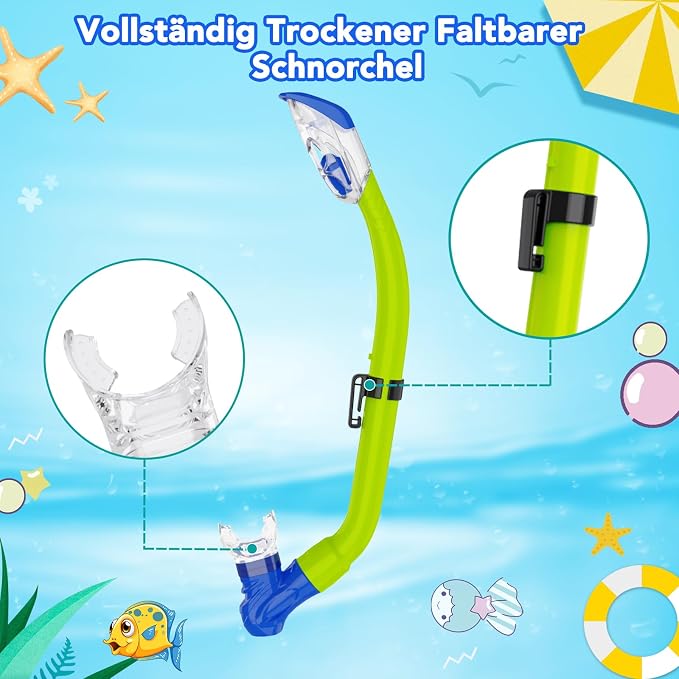 Snorkeling Gear for Kids with Foldable Silicone Full Dry Snorkel, Kids Snorkel Set Anti Leak Youth Junior Snorkeling Package Diving Mask Soft Tube with Mesh Bag Scuba Swimming Goggles