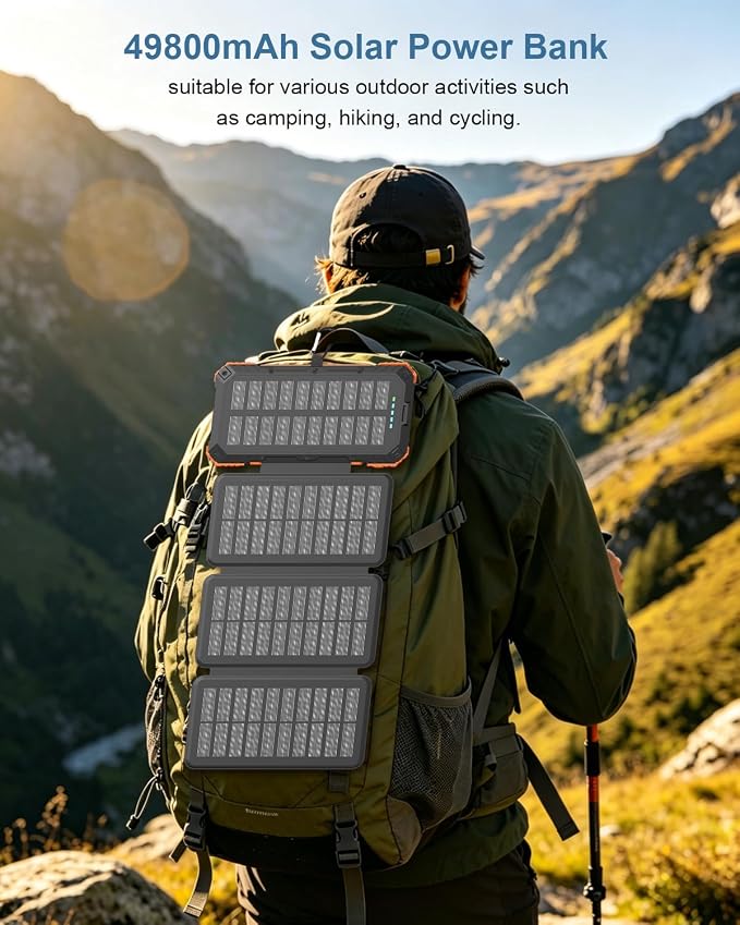 Solar Charger Power Bank 49800mAh with 4 Built-in Cables & 4 Foldable Panels, 22.5W Fast Portable Phone Charger, External Battery Pack with USB-C in/Output & Flashlight for Outdoor Camping