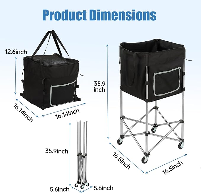 Tennis Ball Cart with Wheels & Brake (180 Capacity) – Heavy Duty Stainless Steel Frame with Detachable Washable Bag – Foldable Travel Hopper for Tennis & Pickleball, Portable Carrier