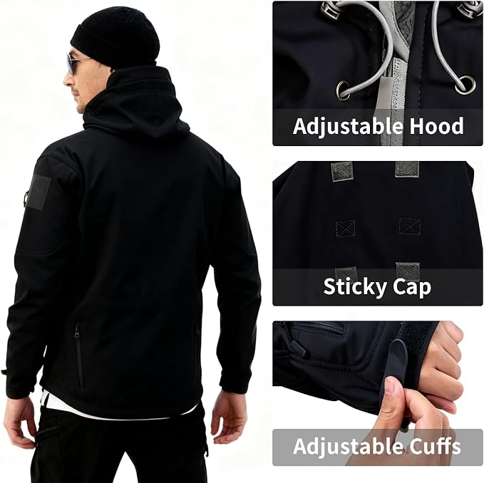Men's Military Tactical Jacket Fleece Lined Hooded Mens Softshell Jacket Waterproof Windproof and Warm Winter Coat