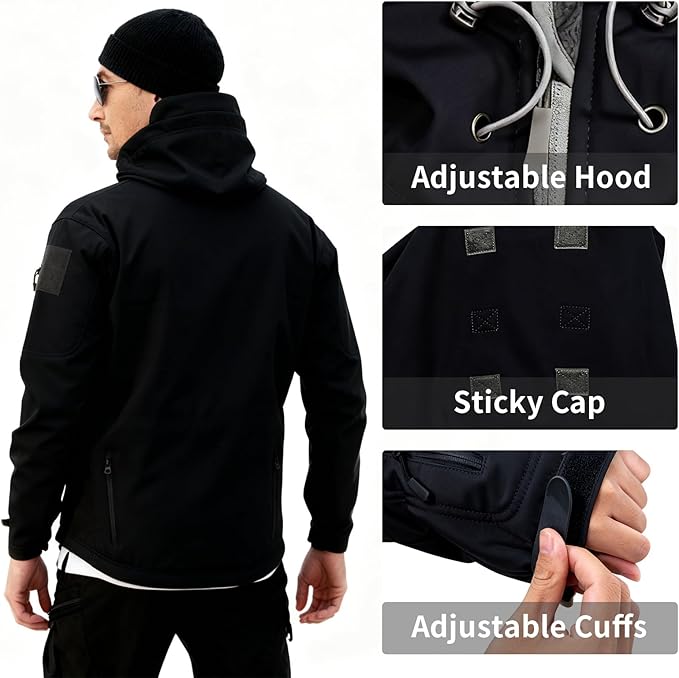Men's Military Tactical Jacket Fleece Lined Hooded Mens Softshell Jacket Waterproof Windproof and Warm Winter Coat