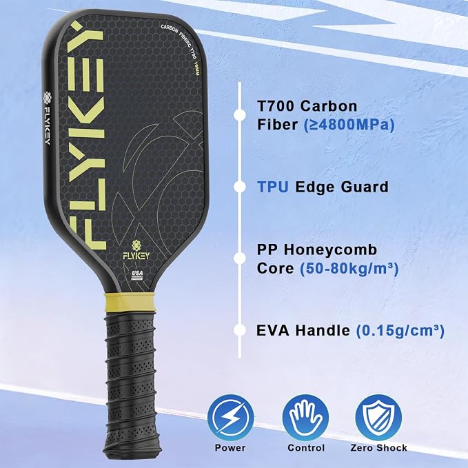 FLYKEY Pickleball Paddles, T700 Carbon Fiber Pickleball Paddle with a 16mm Shark Power Polymer Core, USAPA Approved Pickle Ball Paddle, Strong Spin and Power Surface,Strong Shock Absorption
