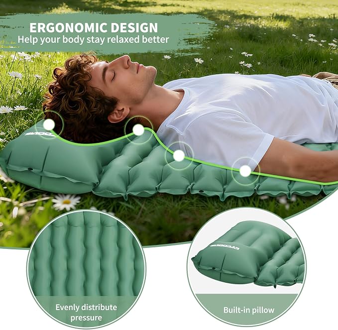 Camping Sleeping Pad, Connectable Design for Double Mat, Ultralight Inflatable Sleeping Mat with Pillow, Built-in Foot Pump, Portable Camping Air Mattress for Backpacking Hiking Tent (Green)