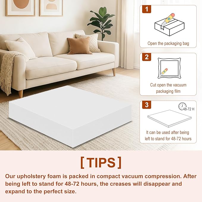 High Density Upholstery Foam 6" X 24" X 24", 3PCS Couch Cushion Replacement - 45D Density 70 ILD (Firm), Square Foam Padding for Chairs, Cut to Size Foam Replacement Cushion for Sofa Chair Bench