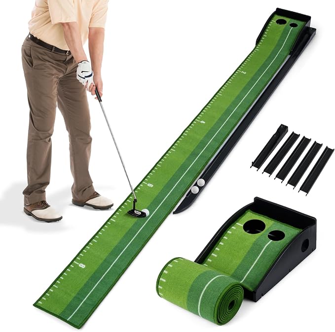 Tangkula Putting Green Indoor Golf Putting Mat with Auto Ball Return, 3 Putting Practice Balls, Alignment Markings, Non-Slip Base, Golf Training Aid for Home, Office & Outdoors