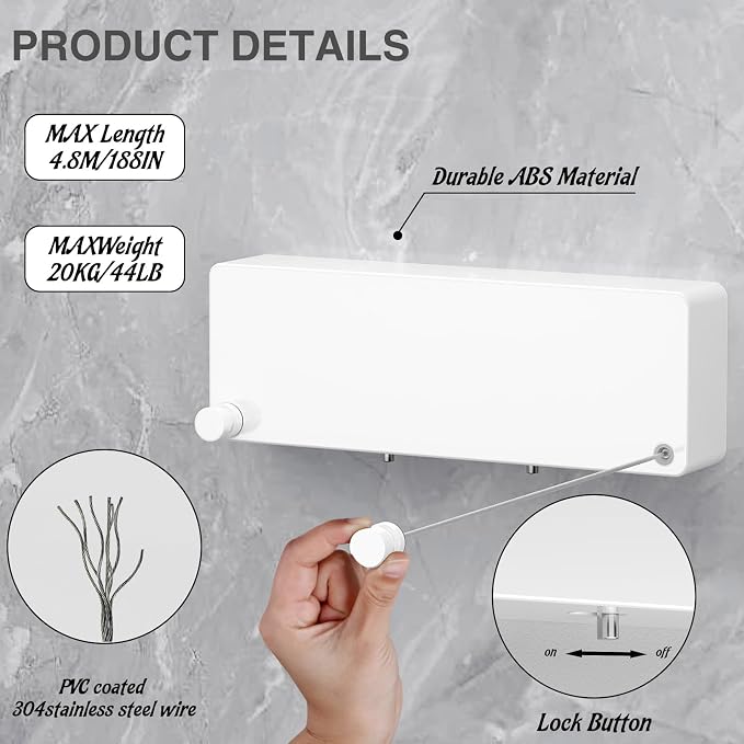 Retractable Clothesline Indoor, Non-Sagging Clothes line retracting Outdoor, Heavy Duty Wall Mounted Laundry Line Adjustable Stainless Steel for Laundryroom, Bathroom, 15.8 Feets Double Lines White