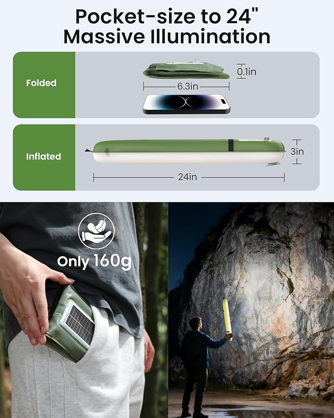 24" Inflatable Solar Camping Lantern,Magnetic LED Tube Light with USB-C 2000mAh Phone Charger,IP66 Waterproof TPU Tent Light for Hurricane Emergency,Backpacking & Off-Grid Survival (Green)