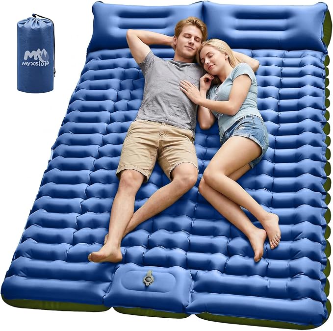 Myxslop Double Sleeping Pad - Ultralight Sleeping Mat with Built-in Foot Pump & Pillow, Portable Inflatable 2 Person Camping Mattress Pad Compact for Backpacking Hiking Tent Beach Camping Pad