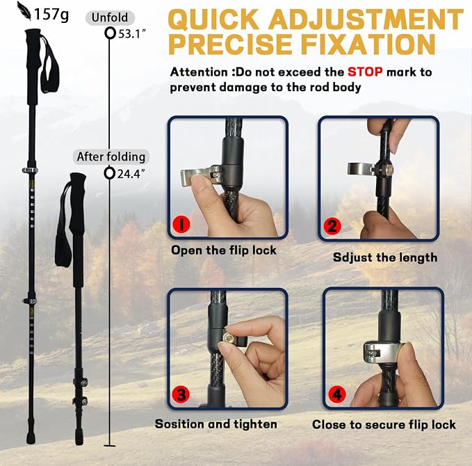 Carbon Fiber Trekking Poles 2 Pcs Ultra Lightweight Telescopic Collapsible Hiking Poles, Adjustable EVA Grips-Terrain Accessories, Portable Hiking Sticks for Hiking Men&Women