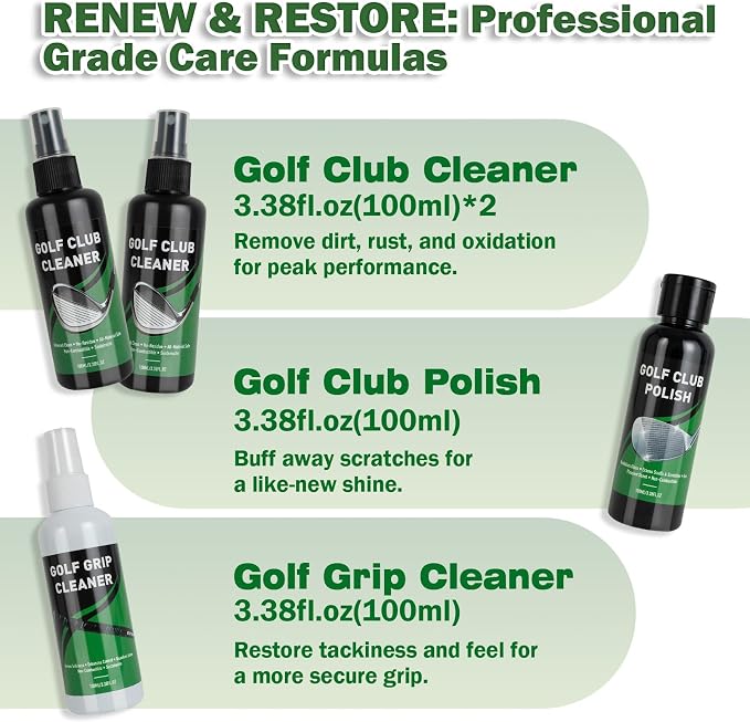Golf Club Cleaning Kit, 8-in-1 Club Care Set with Cleaner, Brush, Groove Sharpener, Grip Cleaner, Polish, Magnetic Towel, Ball Towel & Portable Bag - Restores Shine, Removes Rust, Renews Grip