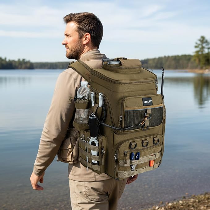 Goture Fishing Backpack, 900D Water-Resistant Tackle Bag with Rod Holders, Insulated Cooler Compartment, 55L Large Capacity Fishing Gear Storage for Saltwater&Freshwater Camping Hiking,Gifts for Men