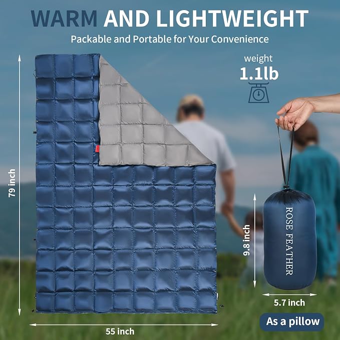 Down Camping Blanket - Lightweight, Packable, Warm & Puffy Outdoor Travel Quilt for Sleep, Hiking, Backpacking, Stadium, Festivals, Water-Resistant Sleeping Bag 55"x79"