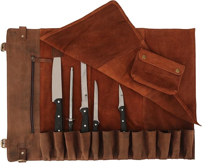 vintage crafts Genuine Buffalo Leather Knife Roll Set Chef's Knife Holder Cutlery Sheath Artist Case Organizer Storage bag Travel Friendly Gift for Men & Women (Light Brown)
