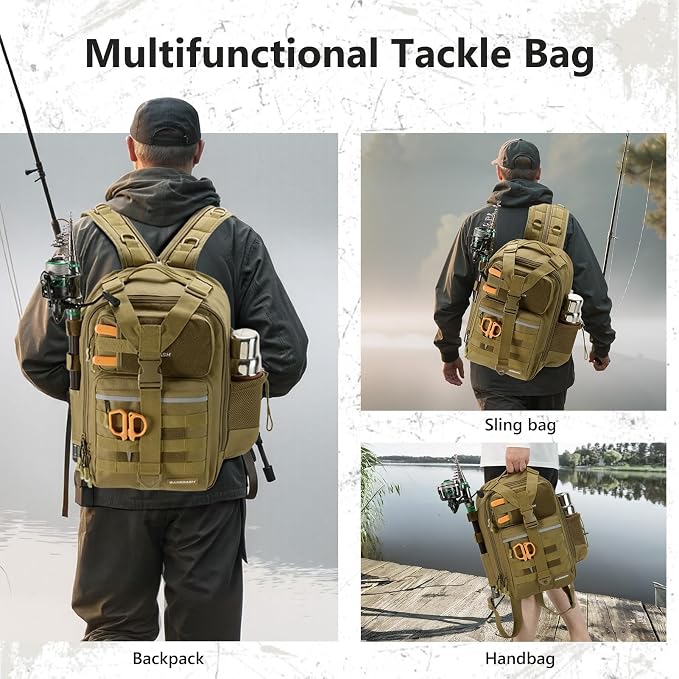 BASSDASH Convertible Fishing Backpack Sling Bag with Rod Holder, Adjustable Tactical Water-Resistant Tackle Storage Pack FP07