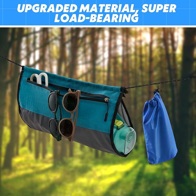 Hammock Ridgeline Organizer Hammock Storage Bag with Cord Hanging Dangling Pouch for Water Bottles Phone Flashlight Sunglasses Wallet Camping Backpacking Travel Hiking Climbing Accessories