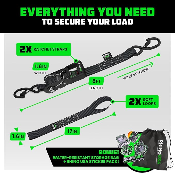 RHINO USA Ratchet Straps Tie Down Kit, 5,000 Break Strength - Includes Heavy Duty Rachet Tiedowns with Padded Handles & Coated Chromoly S Hooks + Soft Loop Tie-Downs