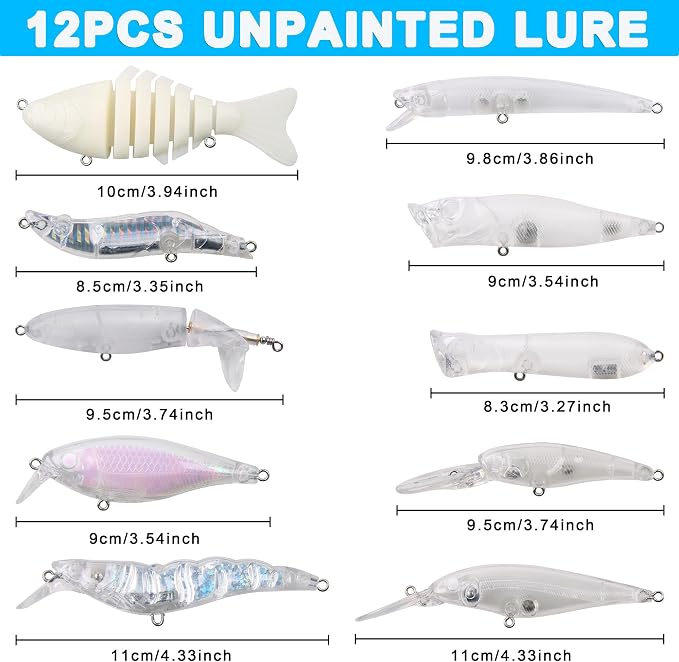 Blank Fishing Lure Kit,Unpainted Popper Plug Lures DIY Crank Bait Set Fishing Pliers Treble Hooks 3D/4D Lure Eyes Bait Sticker Split Rings,Fish Tackle Accessories Kits