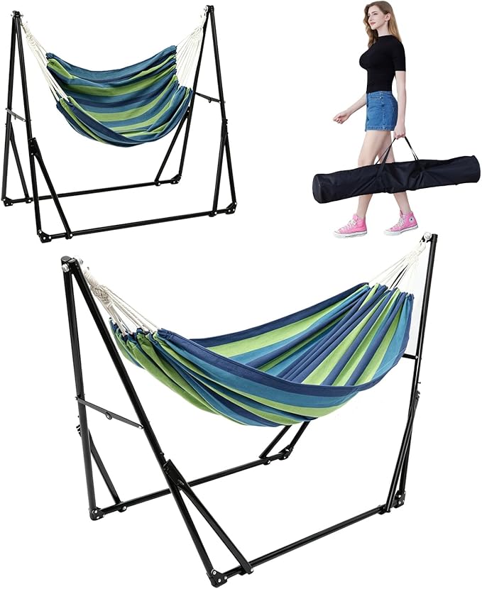 Multifunctional Hammock Chair with Stand for Outside | Portable Hammock for Indoor Outdoor | Frabic Tension Adjustable, Carry Bag Included, 616 lbs Weight Capacity Cyan